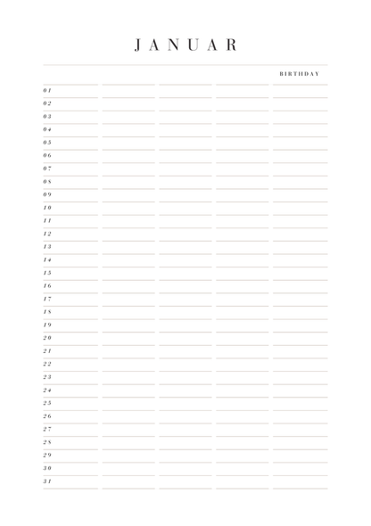 A blank calendar page for January, labeled with a list format for recording birthdays beside each date from the 1st to the 31st.