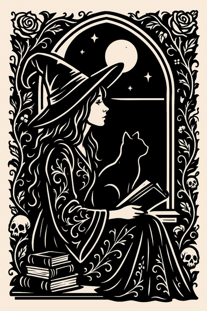 Die Hexe am Fenster – Mystische Silhouette mit Katze & Mond