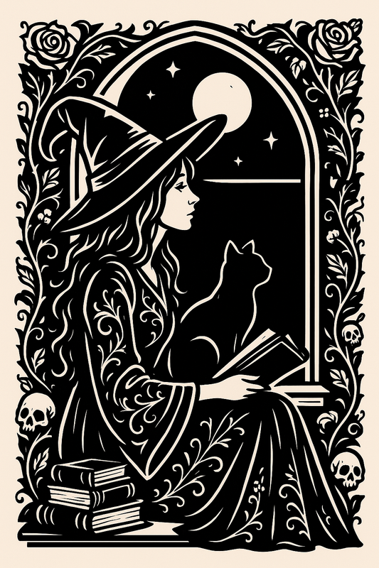 Die Hexe am Fenster – Mystische Silhouette mit Katze & Mond