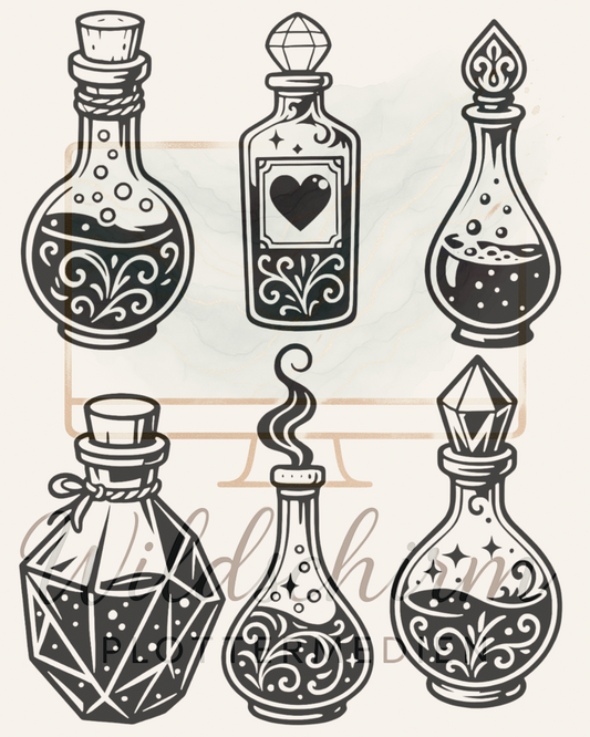Zaubertrank-Fläschchen Bundle – 6 mystische Potion Silhouetten
