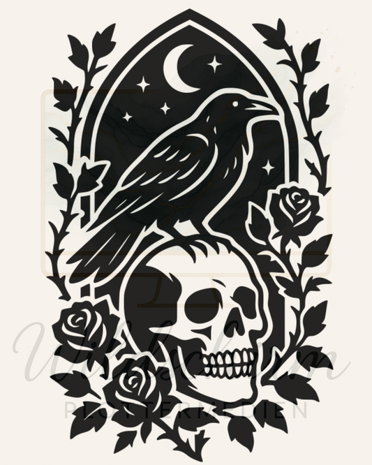 Rabe & Schädel – Gothic Silhouette mit Rosen & Mond