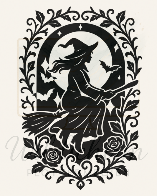 Die fliegende Hexe im Mondschein – Gothic Silhouette Witch