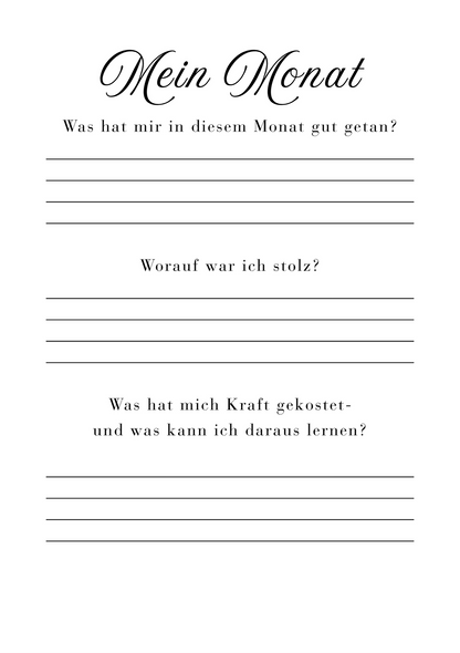 A structured reflection page titled "Mein Monat" with prompts for personal insights and self-assessment in German.