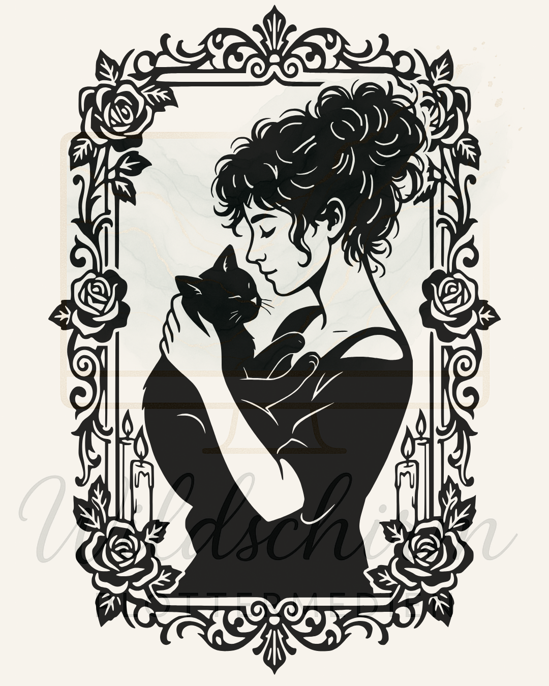 schwarze katze in den armen einer lockigen frau 