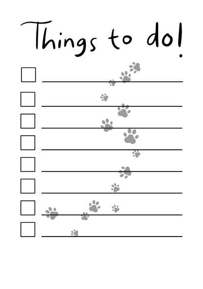 A blank to-do list with six empty checkboxes and playful gray paw prints leading down the page, titled "Things to do!" at the top.