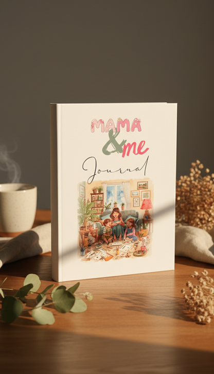 Buch mit dem Titel 'MAMA & me Journal' und einer Illustration von Mutter und Kind in einem gemütlichen Wohnzimmer auf dem Cover.