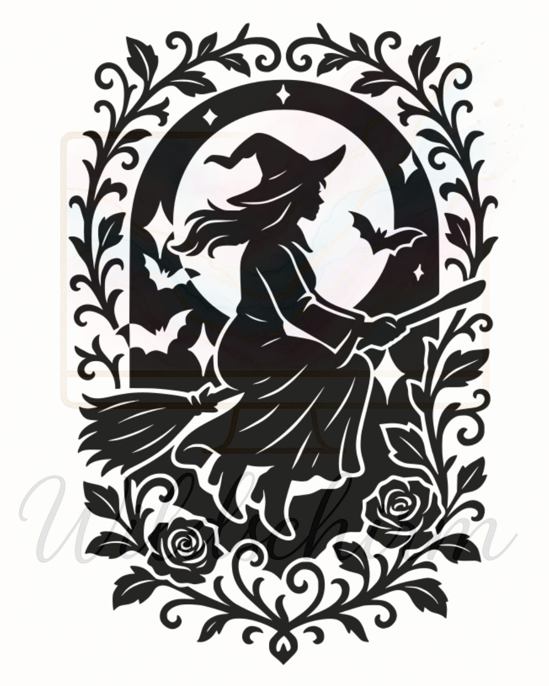 eine hexe vor dem vollmond auf einen besen begleitet mit fledermäusen